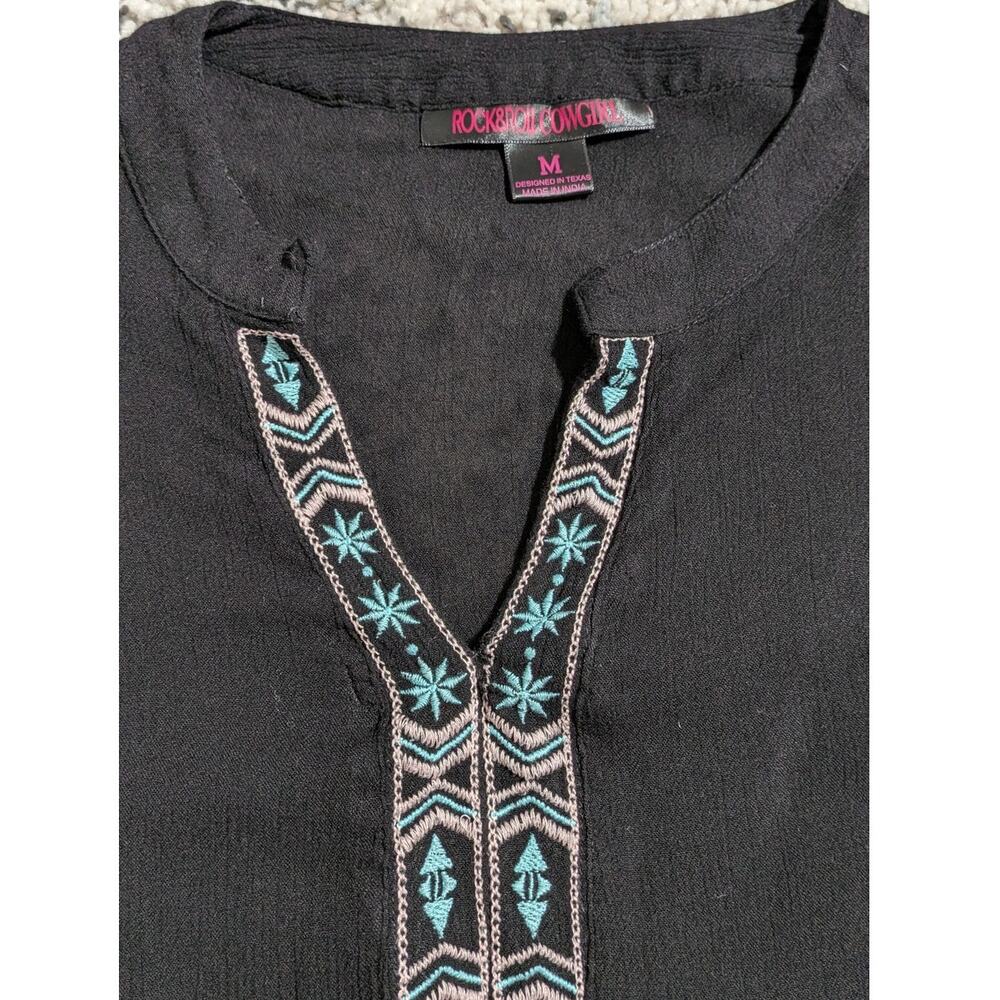 Rock & Roll Cowgirl Black‎ Embroidered Tie-Sleeve Peasant Blouse Size M - Picture 2 of 6